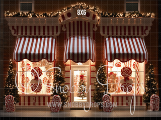 Christmas Peppermint Shop Storefront Fabric Backdrop-Fabric Photography Backdrop-Snobby Drops Fabric Backdrops for Photography, Exclusive Designs by Tara Mapes Photography, Enchanted Eye Creations by Tara Mapes, photography backgrounds, photography backdrops, fast shipping, US backdrops, cheap photography backdrops