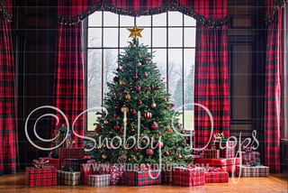 Christmas Room with Plaid Curtains Fabric Backdrop-Fabric Photography Backdrop-Snobby Drops Fabric Backdrops for Photography, Exclusive Designs by Tara Mapes Photography, Enchanted Eye Creations by Tara Mapes, photography backgrounds, photography backdrops, fast shipping, US backdrops, cheap photography backdrops