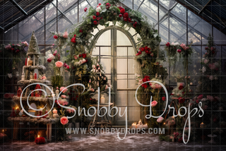 Christmas Roses Greenhouse Fabric Backdrop-Fabric Photography Backdrop-Snobby Drops Fabric Backdrops for Photography, Exclusive Designs by Tara Mapes Photography, Enchanted Eye Creations by Tara Mapes, photography backgrounds, photography backdrops, fast shipping, US backdrops, cheap photography backdrops