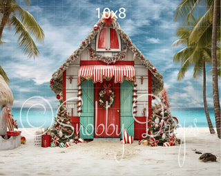 Christmas Santa Beach Shack Fabric Backdrop-Fabric Photography Backdrop-Snobby Drops Fabric Backdrops for Photography, Exclusive Designs by Tara Mapes Photography, Enchanted Eye Creations by Tara Mapes, photography backgrounds, photography backdrops, fast shipping, US backdrops, cheap photography backdrops