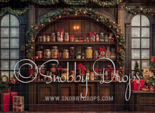 Christmas Shelves Fabric Backdrop-Fabric Photography Backdrop-Snobby Drops Fabric Backdrops for Photography, Exclusive Designs by Tara Mapes Photography, Enchanted Eye Creations by Tara Mapes, photography backgrounds, photography backdrops, fast shipping, US backdrops, cheap photography backdrops