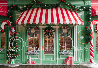 Christmas Shop with Striped Awning Fabric Backdrop-Fabric Photography Backdrop-Snobby Drops Fabric Backdrops for Photography, Exclusive Designs by Tara Mapes Photography, Enchanted Eye Creations by Tara Mapes, photography backgrounds, photography backdrops, fast shipping, US backdrops, cheap photography backdrops