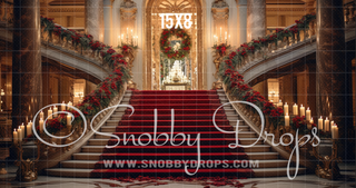 Christmas Staircase Fabric Backdrop-Fabric Photography Backdrop-Snobby Drops Fabric Backdrops for Photography, Exclusive Designs by Tara Mapes Photography, Enchanted Eye Creations by Tara Mapes, photography backgrounds, photography backdrops, fast shipping, US backdrops, cheap photography backdrops