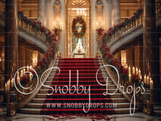 Christmas Staircase Fabric Backdrop-Fabric Photography Backdrop-Snobby Drops Fabric Backdrops for Photography, Exclusive Designs by Tara Mapes Photography, Enchanted Eye Creations by Tara Mapes, photography backgrounds, photography backdrops, fast shipping, US backdrops, cheap photography backdrops