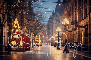 Christmas Street Fabric Backdrop-Fabric Photography Backdrop-Snobby Drops Fabric Backdrops for Photography, Exclusive Designs by Tara Mapes Photography, Enchanted Eye Creations by Tara Mapes, photography backgrounds, photography backdrops, fast shipping, US backdrops, cheap photography backdrops