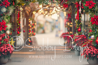 Christmas Street with Shops and Lights Fabric Photography Backdrop-Fabric Photography Backdrop-Snobby Drops Fabric Backdrops for Photography, Exclusive Designs by Tara Mapes Photography, Enchanted Eye Creations by Tara Mapes, photography backgrounds, photography backdrops, fast shipping, US backdrops, cheap photography backdrops