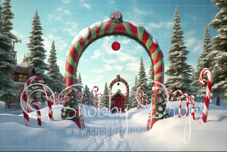 Christmas Town Gate Whimsyville Fabric Backdrop-Fabric Photography Backdrop-Snobby Drops Fabric Backdrops for Photography, Exclusive Designs by Tara Mapes Photography, Enchanted Eye Creations by Tara Mapes, photography backgrounds, photography backdrops, fast shipping, US backdrops, cheap photography backdrops