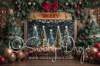 Christmas Tree Barn in Lights Fabric Backdrop-Fabric Photography Backdrop-Snobby Drops Fabric Backdrops for Photography, Exclusive Designs by Tara Mapes Photography, Enchanted Eye Creations by Tara Mapes, photography backgrounds, photography backdrops, fast shipping, US backdrops, cheap photography backdrops