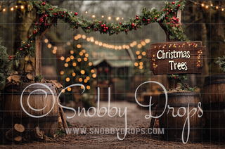 Christmas Tree Farm with Barrels Fabric Backdrop-Fabric Photography Backdrop-Snobby Drops Fabric Backdrops for Photography, Exclusive Designs by Tara Mapes Photography, Enchanted Eye Creations by Tara Mapes, photography backgrounds, photography backdrops, fast shipping, US backdrops, cheap photography backdrops