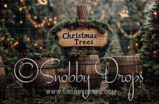 Christmas Tree Farm with Barrels Fabric Backdrop-Fabric Photography Backdrop-Snobby Drops Fabric Backdrops for Photography, Exclusive Designs by Tara Mapes Photography, Enchanted Eye Creations by Tara Mapes, photography backgrounds, photography backdrops, fast shipping, US backdrops, cheap photography backdrops