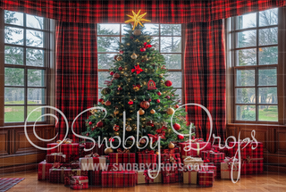 Christmas Tree Room with Plaid Curtains Fabric Backdrop-Fabric Photography Backdrop-Snobby Drops Fabric Backdrops for Photography, Exclusive Designs by Tara Mapes Photography, Enchanted Eye Creations by Tara Mapes, photography backgrounds, photography backdrops, fast shipping, US backdrops, cheap photography backdrops