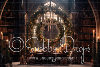 Christmas Wizard Castle Library Fabric Backdrop-Fabric Photography Backdrop-Snobby Drops Fabric Backdrops for Photography, Exclusive Designs by Tara Mapes Photography, Enchanted Eye Creations by Tara Mapes, photography backgrounds, photography backdrops, fast shipping, US backdrops, cheap photography backdrops