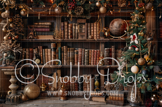 Christmas Wizard Library Fabric Backdrop-Fabric Photography Backdrop-Snobby Drops Fabric Backdrops for Photography, Exclusive Designs by Tara Mapes Photography, Enchanted Eye Creations by Tara Mapes, photography backgrounds, photography backdrops, fast shipping, US backdrops, cheap photography backdrops