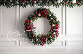 Christmas Wreath on White Wall Fabric Backdrop-Fabric Photography Backdrop-Snobby Drops Fabric Backdrops for Photography, Exclusive Designs by Tara Mapes Photography, Enchanted Eye Creations by Tara Mapes, photography backgrounds, photography backdrops, fast shipping, US backdrops, cheap photography backdrops