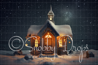 Church in Snow at Night Christmas Fabric Backdrop-Fabric Photography Backdrop-Snobby Drops Fabric Backdrops for Photography, Exclusive Designs by Tara Mapes Photography, Enchanted Eye Creations by Tara Mapes, photography backgrounds, photography backdrops, fast shipping, US backdrops, cheap photography backdrops