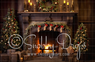 Classic Christmas Fireplace Fabric Backdrop-Fabric Photography Backdrop-Snobby Drops Fabric Backdrops for Photography, Exclusive Designs by Tara Mapes Photography, Enchanted Eye Creations by Tara Mapes, photography backgrounds, photography backdrops, fast shipping, US backdrops, cheap photography backdrops