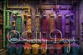 Colorful Candy Pipes Factory Fabric Backdrop-Fabric Photography Backdrop-Snobby Drops Fabric Backdrops for Photography, Exclusive Designs by Tara Mapes Photography, Enchanted Eye Creations by Tara Mapes, photography backgrounds, photography backdrops, fast shipping, US backdrops, cheap photography backdrops
