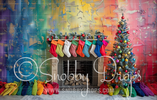 Colorful Fireplace with Stockings Fabric Backdrop-Fabric Photography Backdrop-Snobby Drops Fabric Backdrops for Photography, Exclusive Designs by Tara Mapes Photography, Enchanted Eye Creations by Tara Mapes, photography backgrounds, photography backdrops, fast shipping, US backdrops, cheap photography backdrops