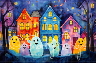 Colorful Ghosts Halloween Town Fabric Backdrop-Fabric Photography Backdrop-Snobby Drops Fabric Backdrops for Photography, Exclusive Designs by Tara Mapes Photography, Enchanted Eye Creations by Tara Mapes, photography backgrounds, photography backdrops, fast shipping, US backdrops, cheap photography backdrops