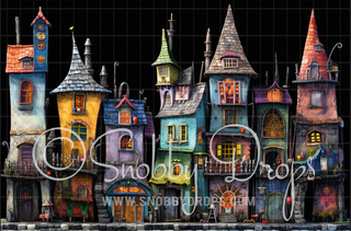 Colorful Halloween Village Fabric Backdrop-Fabric Photography Backdrop-Snobby Drops Fabric Backdrops for Photography, Exclusive Designs by Tara Mapes Photography, Enchanted Eye Creations by Tara Mapes, photography backgrounds, photography backdrops, fast shipping, US backdrops, cheap photography backdrops