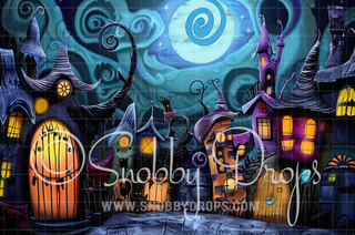 Colorful Haunted Town Halloween Fabric Backdrop-Fabric Photography Backdrop-Snobby Drops Fabric Backdrops for Photography, Exclusive Designs by Tara Mapes Photography, Enchanted Eye Creations by Tara Mapes, photography backgrounds, photography backdrops, fast shipping, US backdrops, cheap photography backdrops