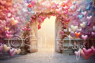 Colorful Heart Door Valentine Fabric Backdrop-Fabric Photography Backdrop-Snobby Drops Fabric Backdrops for Photography, Exclusive Designs by Tara Mapes Photography, Enchanted Eye Creations by Tara Mapes, photography backgrounds, photography backdrops, fast shipping, US backdrops, cheap photography backdrops