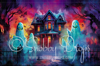 Colorful Neon Haunted House Halloween Fabric Backdrop-Fabric Photography Backdrop-Snobby Drops Fabric Backdrops for Photography, Exclusive Designs by Tara Mapes Photography, Enchanted Eye Creations by Tara Mapes, photography backgrounds, photography backdrops, fast shipping, US backdrops, cheap photography backdrops
