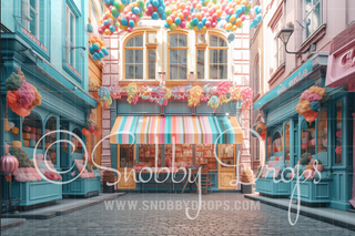 Colorful Pastel Shops City Storefront Fabric Backdrop-Fabric Photography Backdrop-Snobby Drops Fabric Backdrops for Photography, Exclusive Designs by Tara Mapes Photography, Enchanted Eye Creations by Tara Mapes, photography backgrounds, photography backdrops, fast shipping, US backdrops, cheap photography backdrops