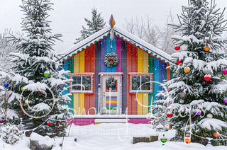 Colorful Snowy Christmas Cabin Fabric Backdrop-Fabric Photography Backdrop-Snobby Drops Fabric Backdrops for Photography, Exclusive Designs by Tara Mapes Photography, Enchanted Eye Creations by Tara Mapes, photography backgrounds, photography backdrops, fast shipping, US backdrops, cheap photography backdrops