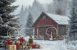 Country Christmas Barn Fabric Backdrop-Fabric Photography Backdrop-Snobby Drops Fabric Backdrops for Photography, Exclusive Designs by Tara Mapes Photography, Enchanted Eye Creations by Tara Mapes, photography backgrounds, photography backdrops, fast shipping, US backdrops, cheap photography backdrops