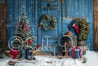 Country Christmas Blue Door Fabric Photography Backdrop-Fabric Photography Backdrop-Snobby Drops Fabric Backdrops for Photography, Exclusive Designs by Tara Mapes Photography, Enchanted Eye Creations by Tara Mapes, photography backgrounds, photography backdrops, fast shipping, US backdrops, cheap photography backdrops