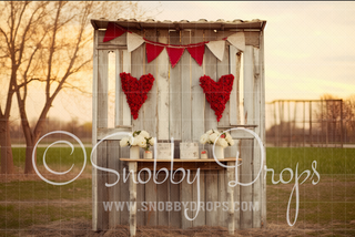 Country Valentine Kissing Booth Fabric Backdrop-Fabric Photography Backdrop-Snobby Drops Fabric Backdrops for Photography, Exclusive Designs by Tara Mapes Photography, Enchanted Eye Creations by Tara Mapes, photography backgrounds, photography backdrops, fast shipping, US backdrops, cheap photography backdrops