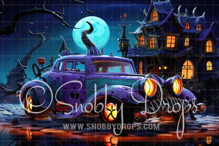 Coven Coupe Witch Car Halloween Fabric Backdrop-Fabric Photography Backdrop-Snobby Drops Fabric Backdrops for Photography, Exclusive Designs by Tara Mapes Photography, Enchanted Eye Creations by Tara Mapes, photography backgrounds, photography backdrops, fast shipping, US backdrops, cheap photography backdrops