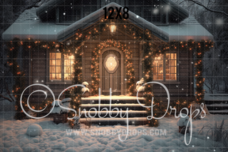 Cozy Christmas Cabin Porch Fabric Backdrop-Fabric Photography Backdrop-Snobby Drops Fabric Backdrops for Photography, Exclusive Designs by Tara Mapes Photography, Enchanted Eye Creations by Tara Mapes, photography backgrounds, photography backdrops, fast shipping, US backdrops, cheap photography backdrops