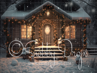 Cozy Christmas Cabin Porch Fabric Backdrop-Fabric Photography Backdrop-Snobby Drops Fabric Backdrops for Photography, Exclusive Designs by Tara Mapes Photography, Enchanted Eye Creations by Tara Mapes, photography backgrounds, photography backdrops, fast shipping, US backdrops, cheap photography backdrops