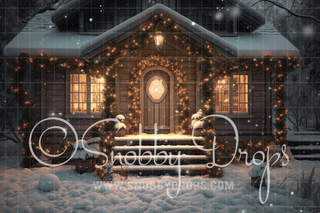 Cozy Christmas Cabin Porch Fabric Backdrop-Fabric Photography Backdrop-Snobby Drops Fabric Backdrops for Photography, Exclusive Designs by Tara Mapes Photography, Enchanted Eye Creations by Tara Mapes, photography backgrounds, photography backdrops, fast shipping, US backdrops, cheap photography backdrops