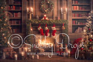 Cozy Christmas Fireplace Mantle Fabric Backdrop-Fabric Photography Backdrop-Snobby Drops Fabric Backdrops for Photography, Exclusive Designs by Tara Mapes Photography, Enchanted Eye Creations by Tara Mapes, photography backgrounds, photography backdrops, fast shipping, US backdrops, cheap photography backdrops