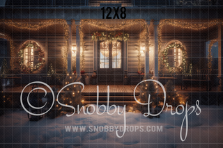 Cozy Christmas Porch Fabric Backdrop-Fabric Photography Backdrop-Snobby Drops Fabric Backdrops for Photography, Exclusive Designs by Tara Mapes Photography, Enchanted Eye Creations by Tara Mapes, photography backgrounds, photography backdrops, fast shipping, US backdrops, cheap photography backdrops