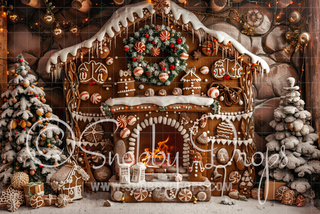 Cozy Gingerbread Fireplace Mantle Fabric Backdrop-Fabric Photography Backdrop-Snobby Drops Fabric Backdrops for Photography, Exclusive Designs by Tara Mapes Photography, Enchanted Eye Creations by Tara Mapes, photography backgrounds, photography backdrops, fast shipping, US backdrops, cheap photography backdrops