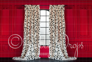 Cruel Ella Dalmatian Fur Curtains and Red Wall Fabric Backdrop-Fabric Photography Backdrop-Snobby Drops Fabric Backdrops for Photography, Exclusive Designs by Tara Mapes Photography, Enchanted Eye Creations by Tara Mapes, photography backgrounds, photography backdrops, fast shipping, US backdrops, cheap photography backdrops