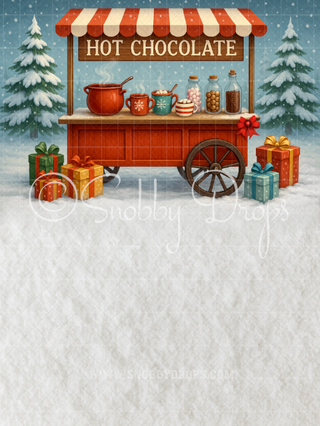 Cute Hot Cocoa Cart Fabric Backdrop Sweep-Fabric Photography Sweep-Snobby Drops Fabric Backdrops for Photography, Exclusive Designs by Tara Mapes Photography, Enchanted Eye Creations by Tara Mapes, photography backgrounds, photography backdrops, fast shipping, US backdrops, cheap photography backdrops