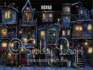 Dark Christmas Town of Houses Fabric Backdrop-Fabric Photography Backdrop-Snobby Drops Fabric Backdrops for Photography, Exclusive Designs by Tara Mapes Photography, Enchanted Eye Creations by Tara Mapes, photography backgrounds, photography backdrops, fast shipping, US backdrops, cheap photography backdrops