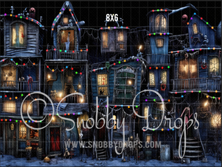 Dark Christmas Town of Houses Fabric Backdrop-Fabric Photography Backdrop-Snobby Drops Fabric Backdrops for Photography, Exclusive Designs by Tara Mapes Photography, Enchanted Eye Creations by Tara Mapes, photography backgrounds, photography backdrops, fast shipping, US backdrops, cheap photography backdrops