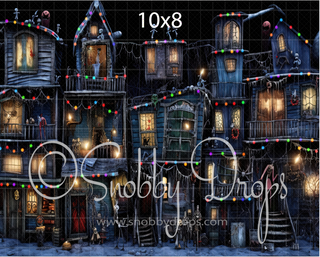 Dark Christmas Town of Houses Fabric Backdrop-Fabric Photography Backdrop-Snobby Drops Fabric Backdrops for Photography, Exclusive Designs by Tara Mapes Photography, Enchanted Eye Creations by Tara Mapes, photography backgrounds, photography backdrops, fast shipping, US backdrops, cheap photography backdrops