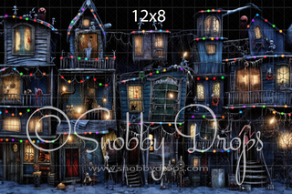 Dark Christmas Town of Houses Fabric Backdrop-Fabric Photography Backdrop-Snobby Drops Fabric Backdrops for Photography, Exclusive Designs by Tara Mapes Photography, Enchanted Eye Creations by Tara Mapes, photography backgrounds, photography backdrops, fast shipping, US backdrops, cheap photography backdrops