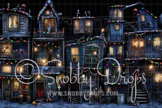Dark Christmas Town of Houses Fabric Backdrop-Fabric Photography Backdrop-Snobby Drops Fabric Backdrops for Photography, Exclusive Designs by Tara Mapes Photography, Enchanted Eye Creations by Tara Mapes, photography backgrounds, photography backdrops, fast shipping, US backdrops, cheap photography backdrops