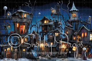 Dark Christmas Town of Houses with Lights Fabric Backdrop-Fabric Photography Backdrop-Snobby Drops Fabric Backdrops for Photography, Exclusive Designs by Tara Mapes Photography, Enchanted Eye Creations by Tara Mapes, photography backgrounds, photography backdrops, fast shipping, US backdrops, cheap photography backdrops