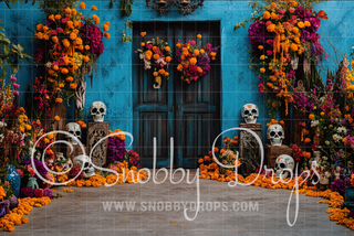 Dia de los Muertos Blue Wall Backdrop-Fabric Photography Backdrop-Snobby Drops Fabric Backdrops for Photography, Exclusive Designs by Tara Mapes Photography, Enchanted Eye Creations by Tara Mapes, photography backgrounds, photography backdrops, fast shipping, US backdrops, cheap photography backdrops