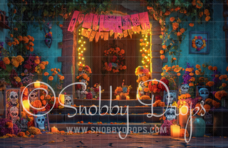 Dia de los Muertos Flowers Door Backdrop-Fabric Photography Backdrop-Snobby Drops Fabric Backdrops for Photography, Exclusive Designs by Tara Mapes Photography, Enchanted Eye Creations by Tara Mapes, photography backgrounds, photography backdrops, fast shipping, US backdrops, cheap photography backdrops