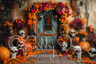 Dia de los Muertos Skulls and Flowers Door Backdrop-Fabric Photography Backdrop-Snobby Drops Fabric Backdrops for Photography, Exclusive Designs by Tara Mapes Photography, Enchanted Eye Creations by Tara Mapes, photography backgrounds, photography backdrops, fast shipping, US backdrops, cheap photography backdrops